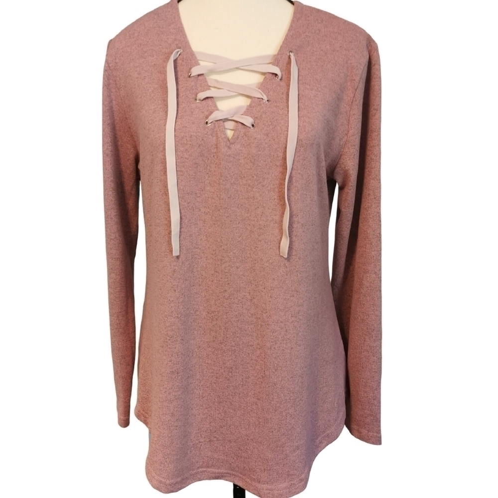 3/$20 Dusty Rose Lace Up V-Neck Long Sleeve Sweater - Sz M Open To Offers